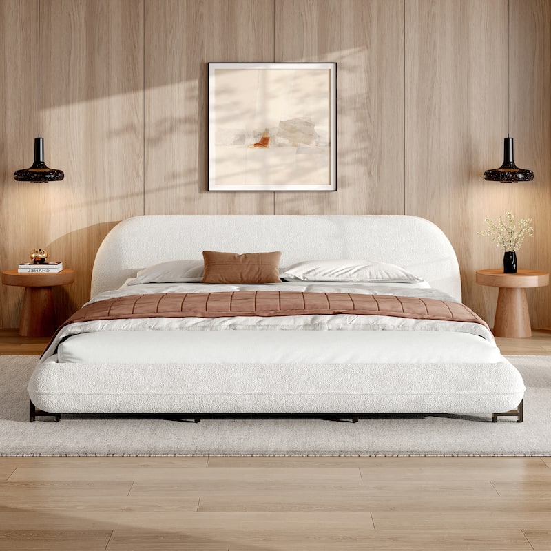 Roomfitters King Size Upholstered Platform Bed Frame with Boucle Fabric, Modern Curved Headboard, White
