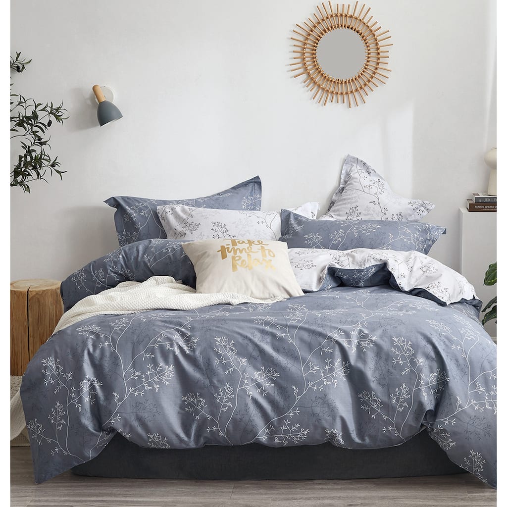 Tracy Blue/Gray Floral 100% Cotton Reversible Duvet Cover Set