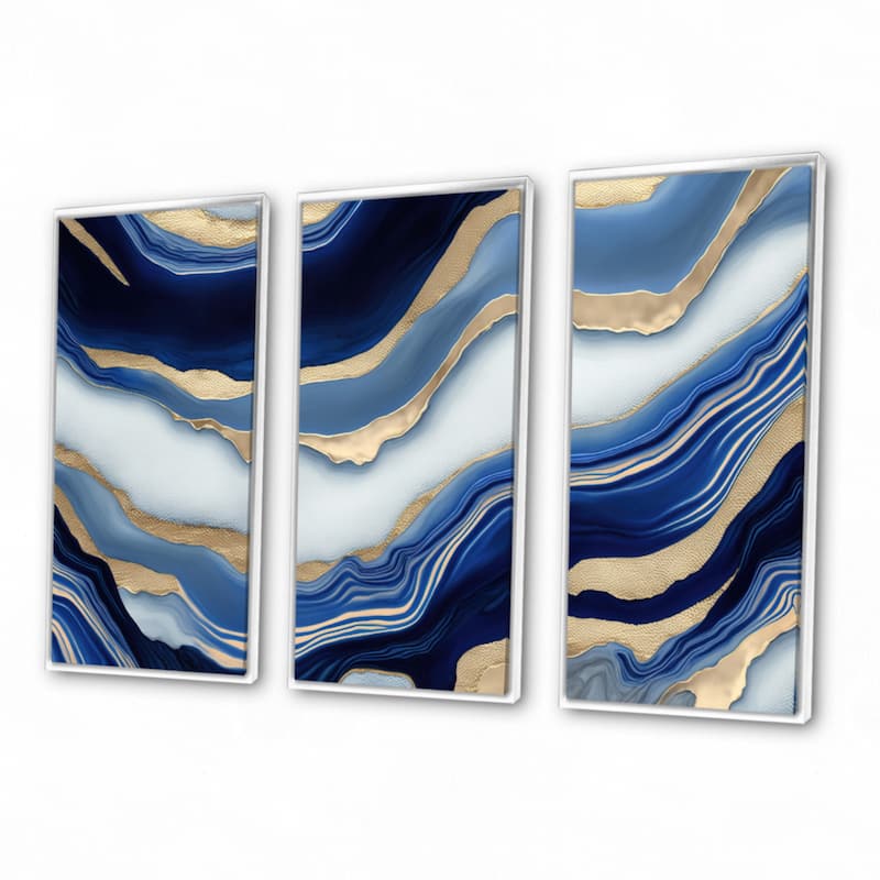 Designart "Vibrant Blue And Gold Flow Art III" Transitional Framed Canvas Art Print - 3 Panels