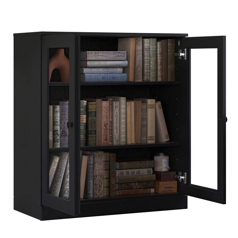Palace Imports 100% Solid Wood 3-Shelf Bookcase, Clear Glass Doors, Adjustable Shelves, 32" Wide, 35.75" Tall