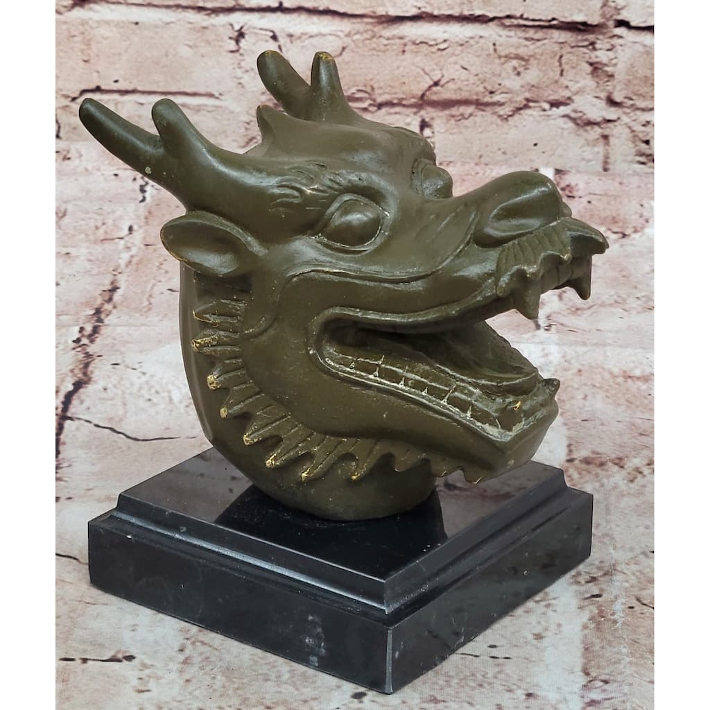 Bronze Dragon Head Bust On Marble Base – Chinese Zodiac Sculpture