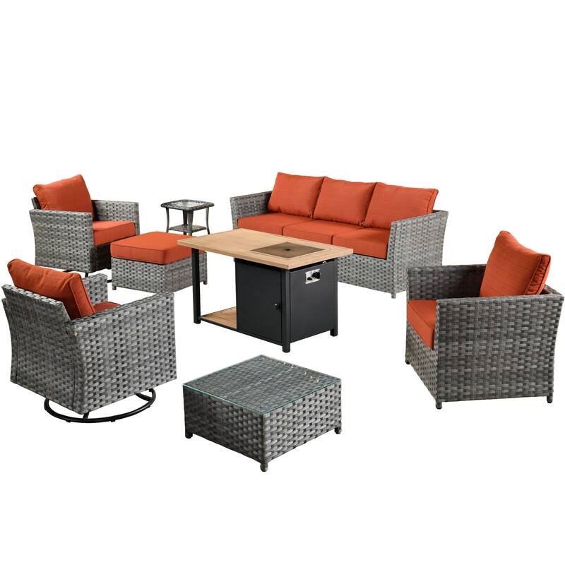 HOOOWOOO 10-piece Outdoor Grey Wicker Patio Furniture Set with Fire Pit Table
