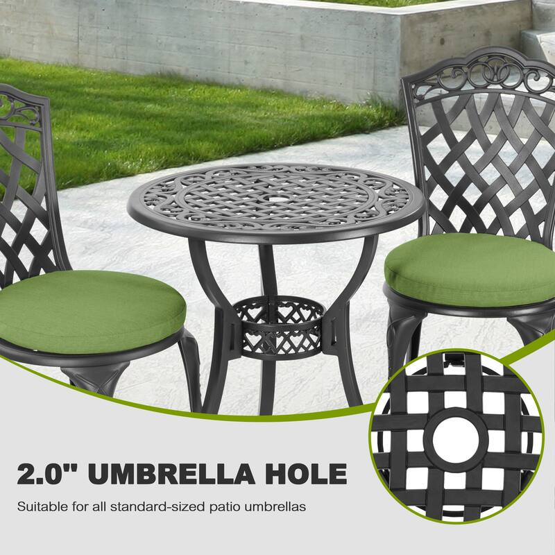 Patio 3-Piece Cast Aluminum Bistro Set with Cushions, Umbrella Hole