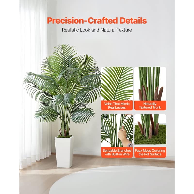 Green Lifelike Faux Areca Palm Tree with Moss-Covered Planter for Indoor Plant Decoration