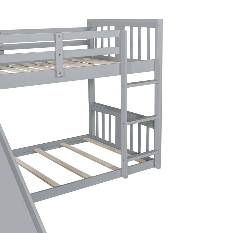 Twin Over Twin Low Bunk Bed with Slide and Ladder, Solid Wood Floor Bunk Bed Frame with Safety Guardrail, Detachable into 2 Beds