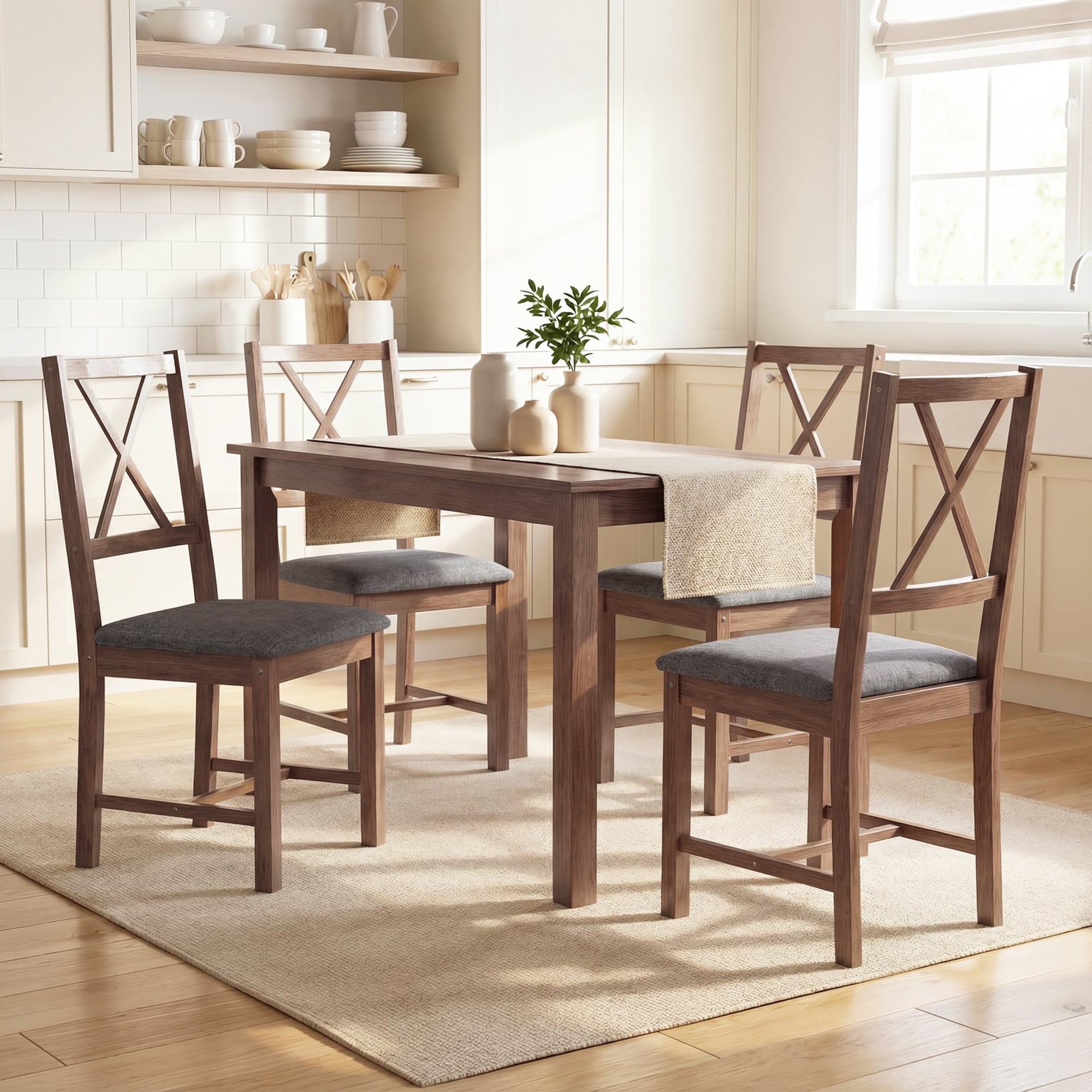 HOMCOM Farmhouse Wooden Dining Chairs Set of 4, Upholstered X-Back Kitchen Chairs with Rubberwood Legs and Padded Seat