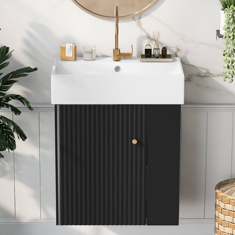 Contemporary Floating Vanity With Ceramic Sink – Space-Saving Design For Compact Bathrooms‌, Right side storage. - 21.6inch - Black