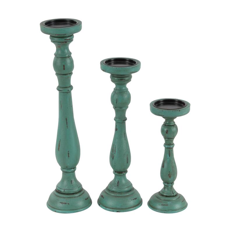 Teal Wooden Distressed Turned Decorative Candle Holder (Set of 3)