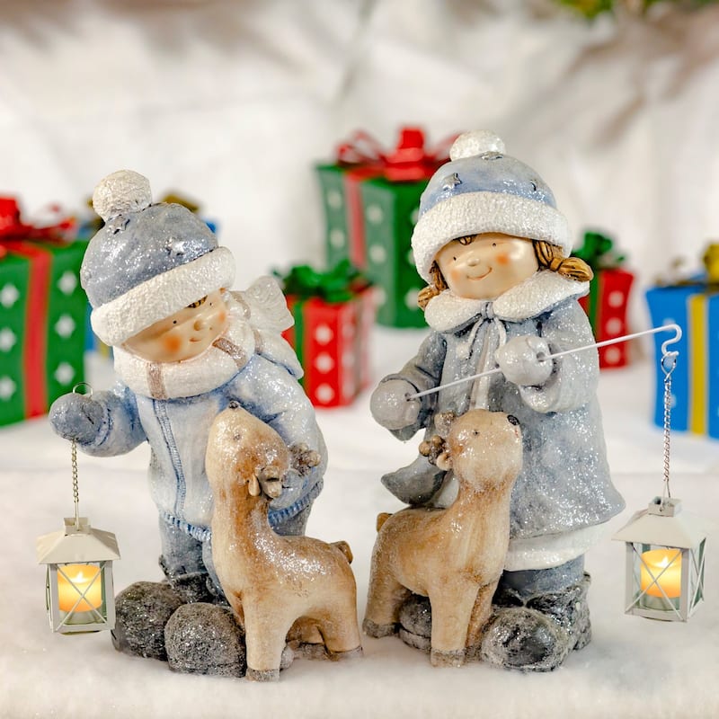 Set of 2 Tushkas With Baby Deer and Lanterns - 8.5"x8.15"x17.75"H - Multi - Polyresin