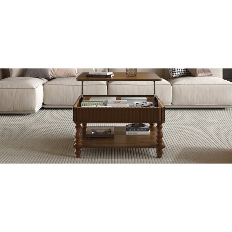 Roomfitters 31.5" Square Lift Top Coffee Table, Fluted Storage Center Table with Hydraulic Mechanism and Solid Wood Legs