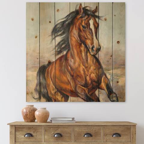 Designart 'Portrait Of A Horse In The Race' Farmhouse Print on Natural Pine Wood