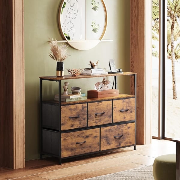 brown fabric dresser 5-Drawer Fabric Dresser with Charging Station, Open Shelves, Rustic Brown  Wood Grain, Living Room Storage - Bed Bath & Beyond
