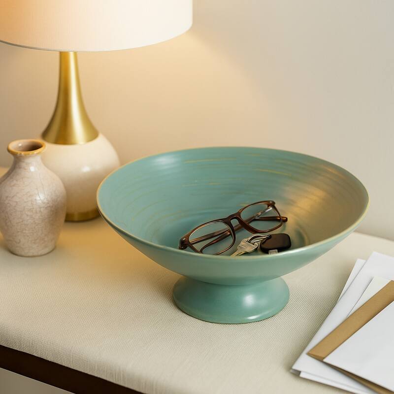 Decorative Round Pedestal Accent Bowl - 15", Green - 15.0"