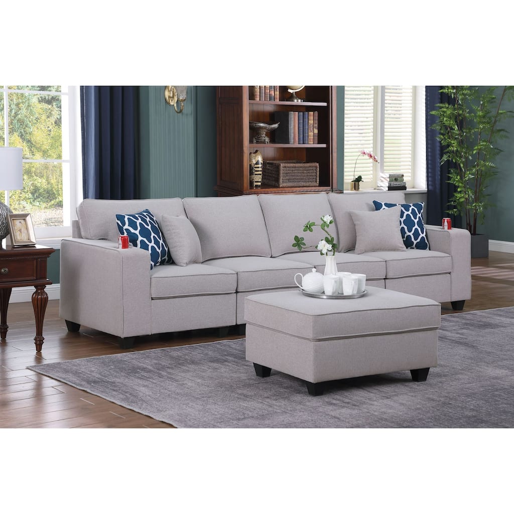 Linen Upholstered 4-Seater Sofa with Ottoman in Light Gray