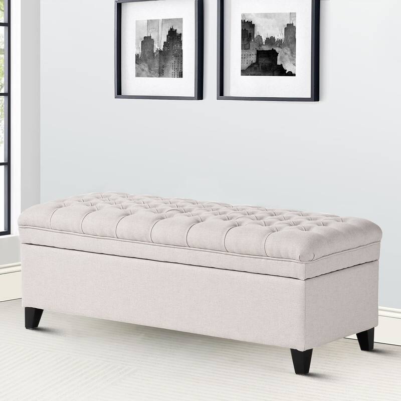 Classic Stylish Upholstered Storage Bench with Tufted Button Decoration Seat - Light Grey