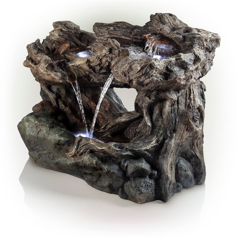 Alpine Corporation WIN256 24" Outdoor 2 Tier Fallen Tree Trunk Water Fountain with LED Lights