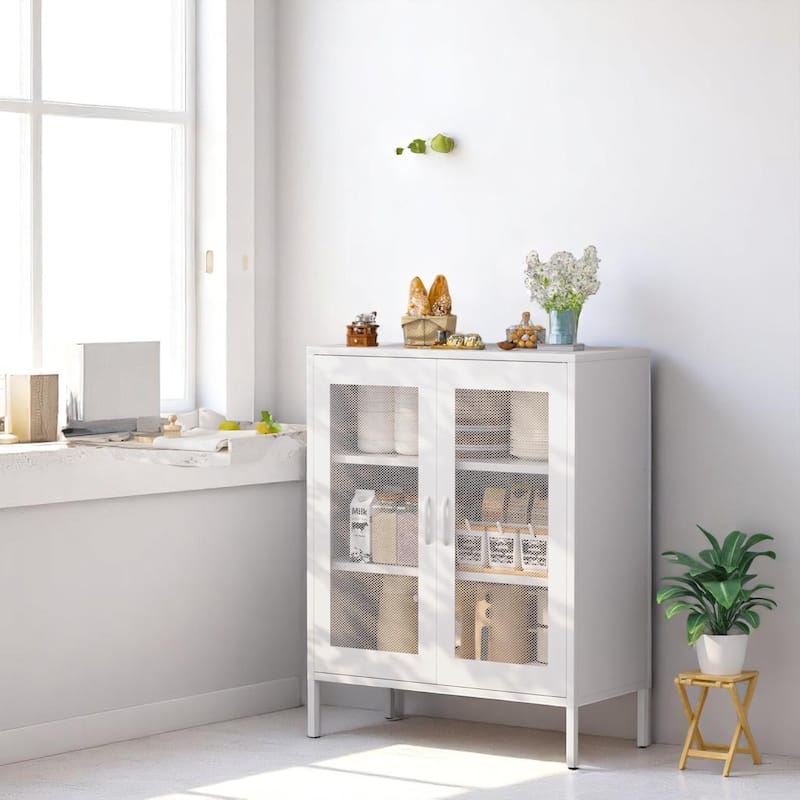 Industrial Steel Storage Cabinet with Mesh Doors, 2 Shelves, Magnetic Closure, 40" Tall Freestanding Organizer - White