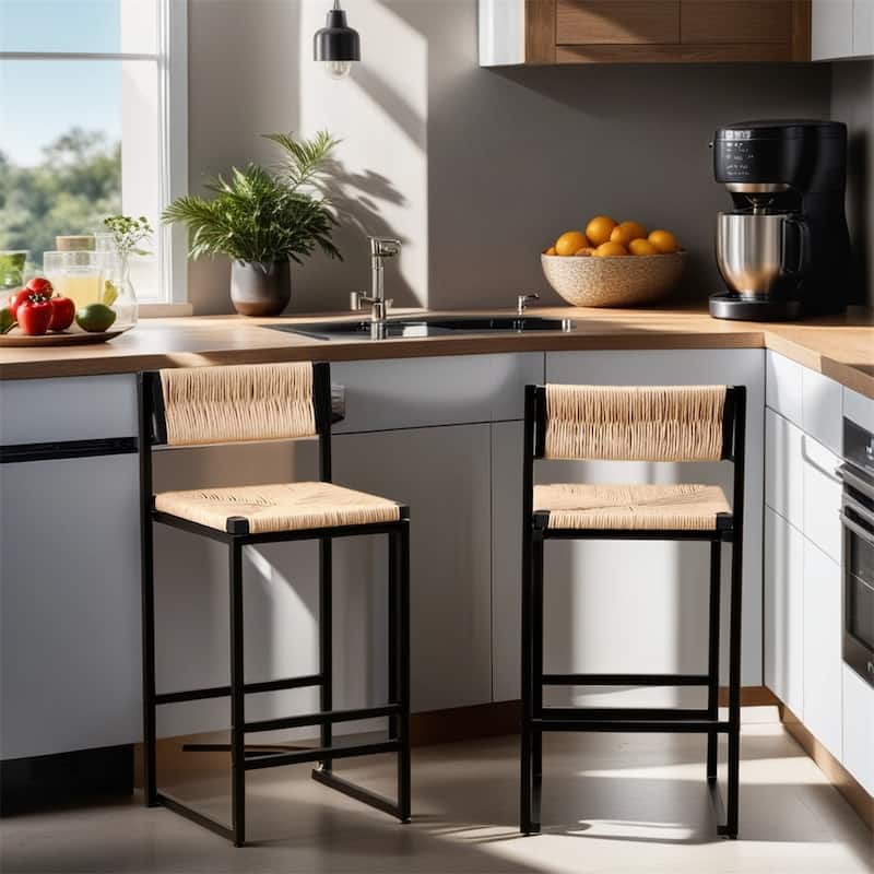 Modern Bar Stools with Metal Frame and Woven Seat(Set of 2) - N/A