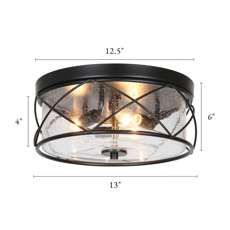 Raretta Modern Farmhouse Black 3-Light Drum Flush Mount Glass Ceiling Lights - D13" x H6"