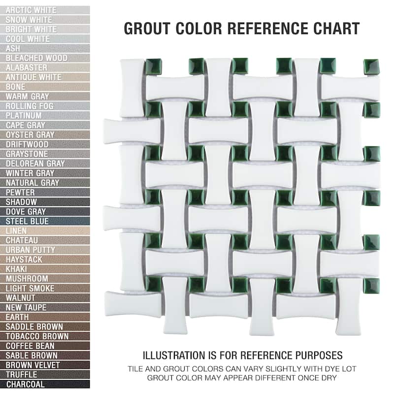 Merola Tile Metro Ion Dog Bone Basketweave Emerald Dot w/Matte White 10" x 10" Porcelain Floor and Wall Tile