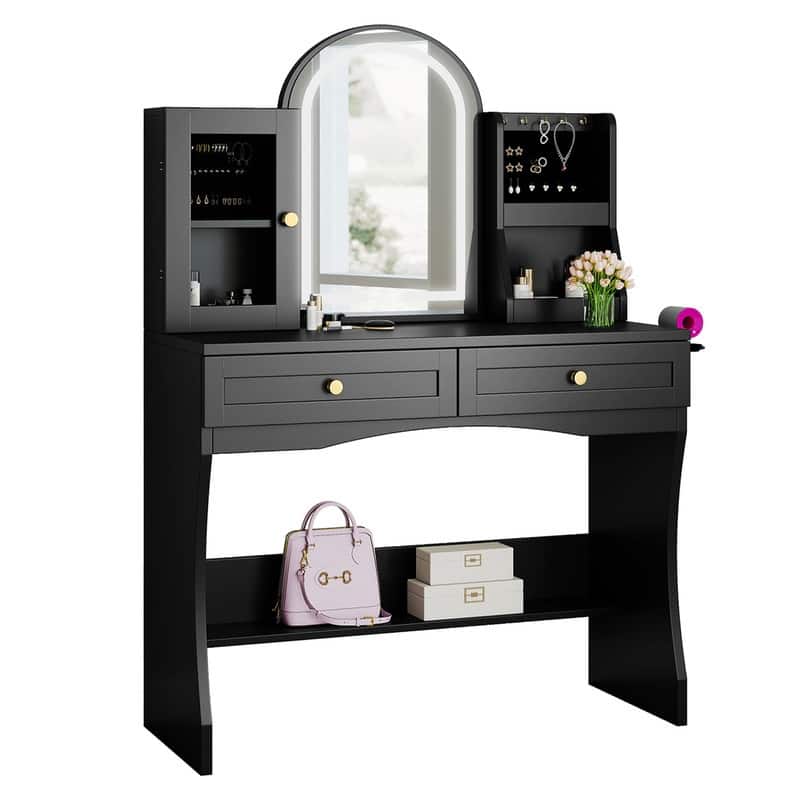 Moasis 35.5-inch Makeup Vanity Desk with Arc-Shaped Mirror and Power Outlets