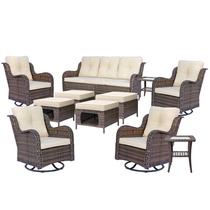 11 Piece Rattan Wicker Outdoor Patio Furniture with Swivel Chairs Set