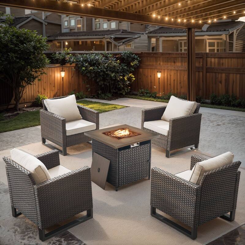 Gymojoy Outdoor Fire Pit Conversation Set, Patio Furniture with Cushions - 5 PCS - Club Chair & Fire Pit - Brown Wicker / Beige Cusion