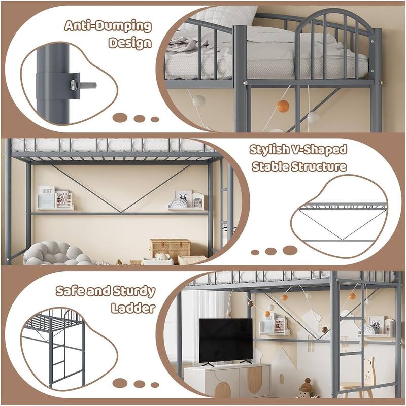 Space-Saving Twin Metal Loft Bed Frame, Safety Ladder, No Box Spring Needed