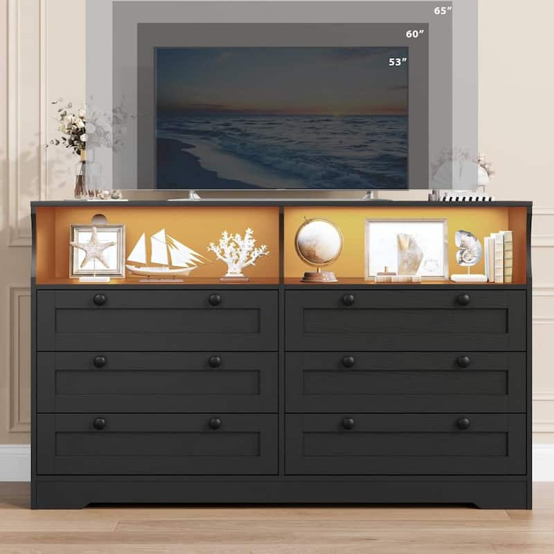 Modern 6 Drawer Dresser for Bedroom with Power Outlet and LED Light - Black