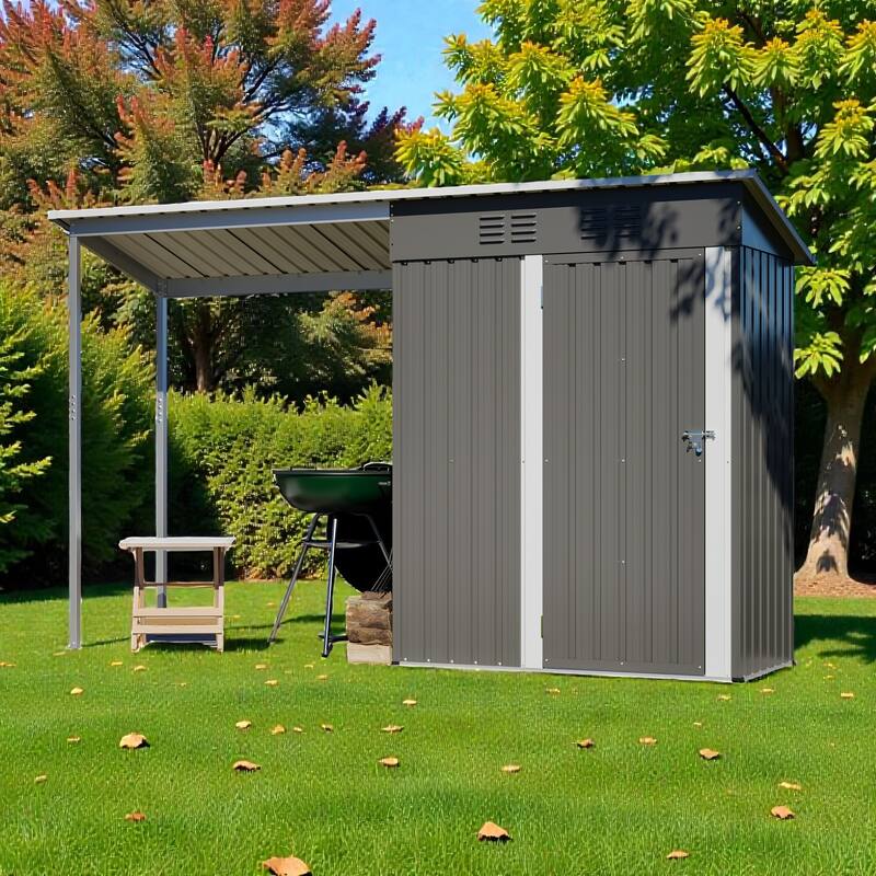 5x3 FT Galvanized Steel Shed and Gazebo Combo, Lean-To Storage Shed with Pergola for Backyard - Grey