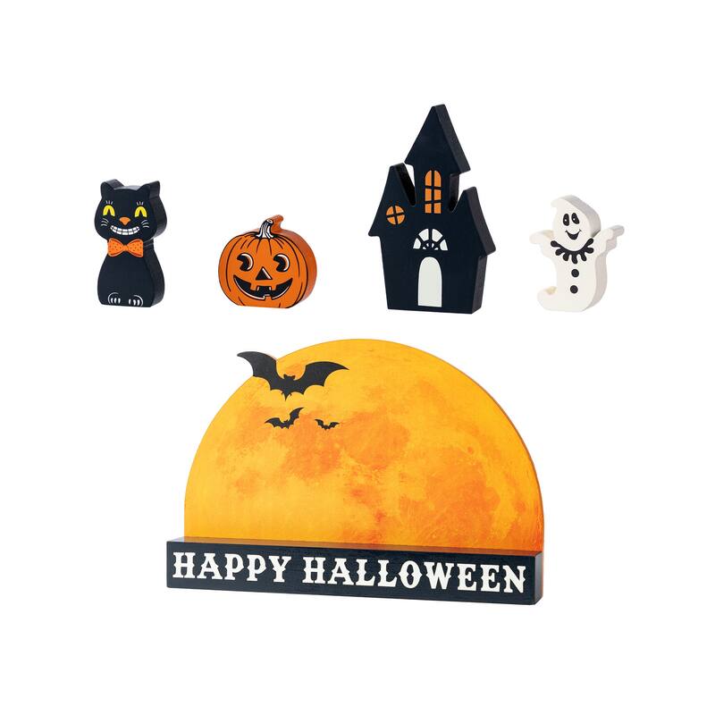 Glitzhome Set of 5 Wooden HAPPY HALLOWEEN Decorative Moon Table Signs with Black Cat, Jack O Lantern, Ghost and Haunted House
