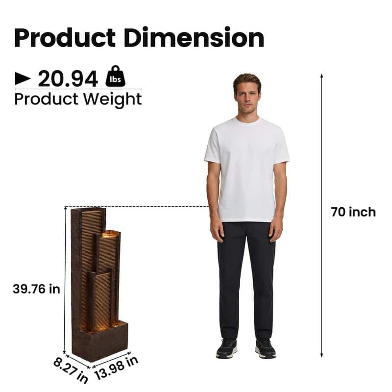 Vbal 3 Tier Brown Step Style Outdoor Water Fountain 39.76in Height with Warm Lights