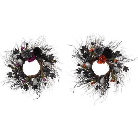 Set of 2 Black and Grey Plastic Halloween Skull and Flower Wreath 24"