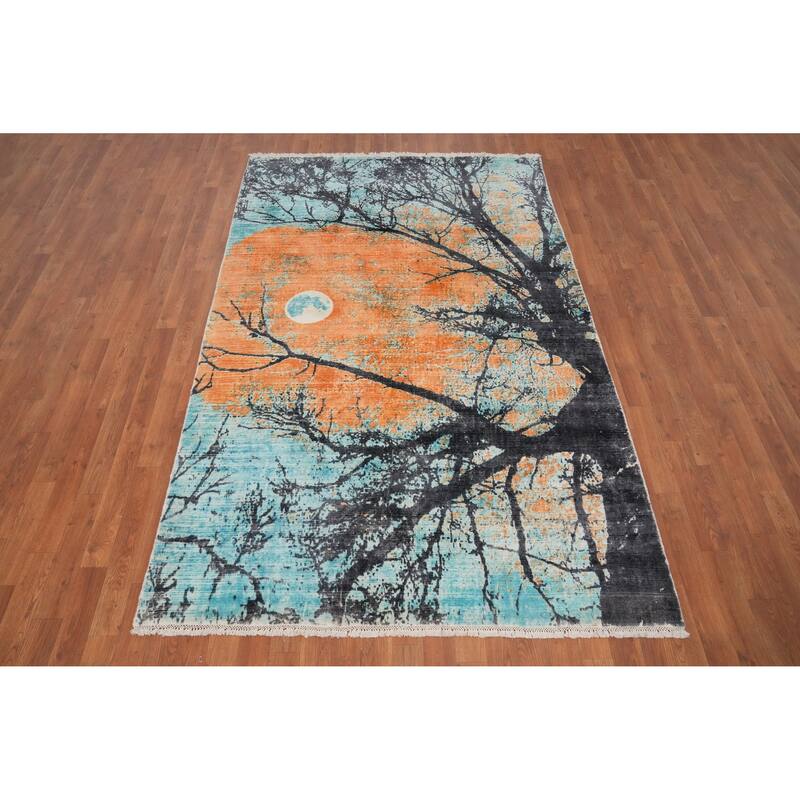 Hand Knotted Oriental Viscose Silk Carpet Modern Pictorial Multi-Colored Abstract Area Rug - 7' 11'' X 5' 0''
