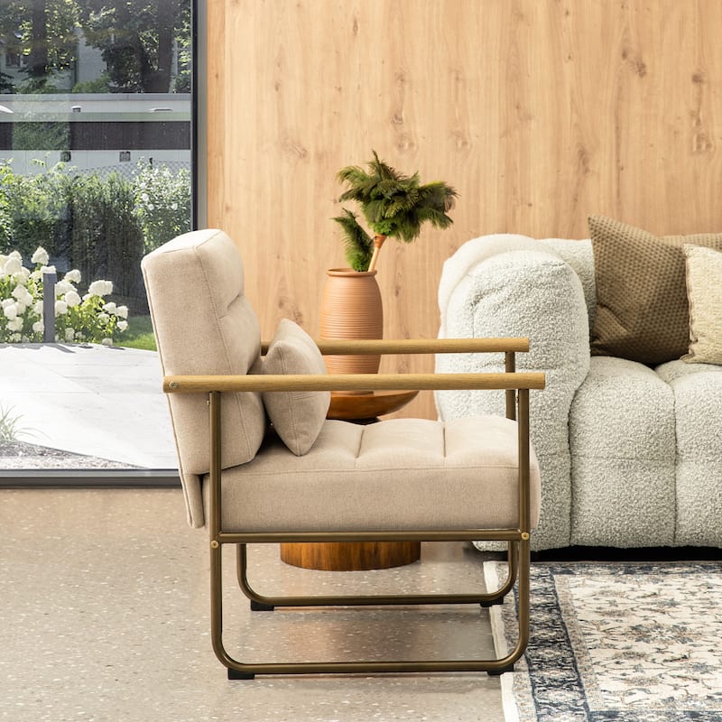 Glitzhome 33.25"H Mid-Century Modern Beige Fabric Accent Arm Chair with Metal Frame - 30.5''W X 26.25''D X 33.25''H
