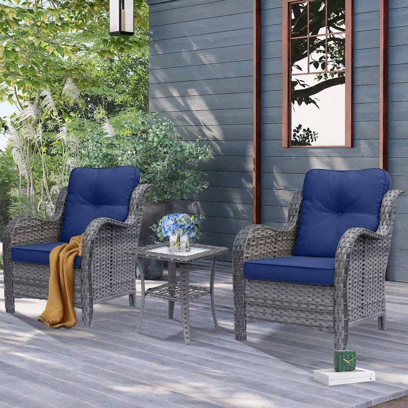 3 Piece High Back Wicker Rattan Outdoor Patio Furniture Chairs Set