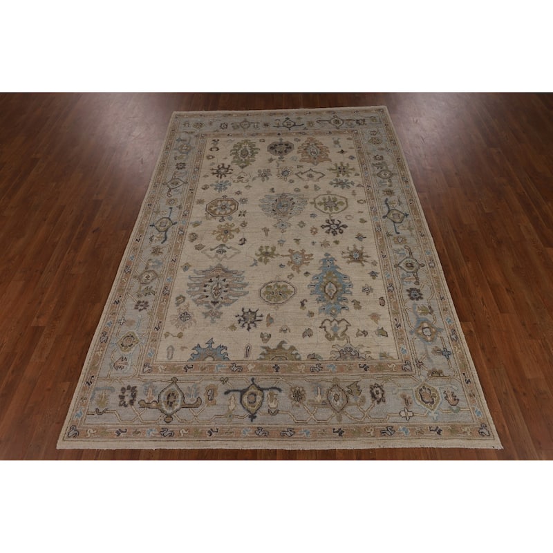 Vegetable Dye Oushak Turkish Area Rug Handmade Beige Wool Carpet - 6'3"x 8'11"