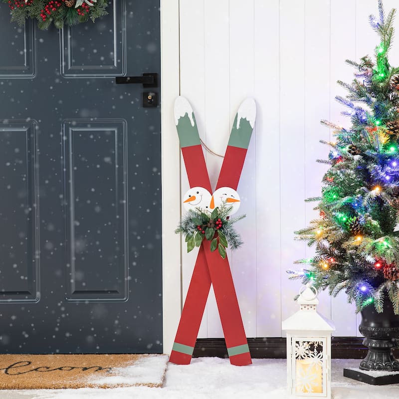 Glitzhome 35"H Christmas Wooden/Galvanized Ski Porch Decor