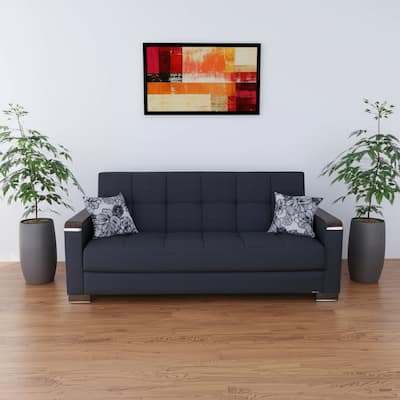 HomeRoots 87" Dark Blue Chenille Convertible Futon Sleeper Sofa And Toss Pillows With Storage