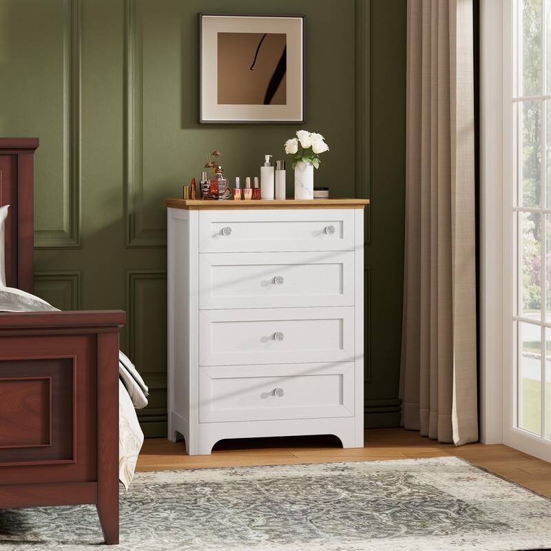 Drawer Dresser with LED Light - 4 Drawer Nightstand Cabinet with Night Light, Visible Glass Table-top