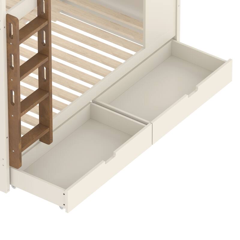 Queen over Queen Bunk Bed with Storage Drawers, Shelves & Hooks