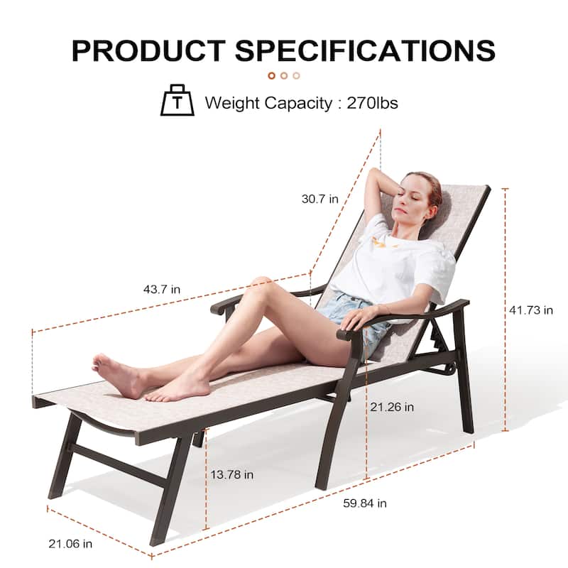 Outdoor Patio Aluminum Adjustable Chaise Lounge Chairs (Set of 2) with Arms - See Picture