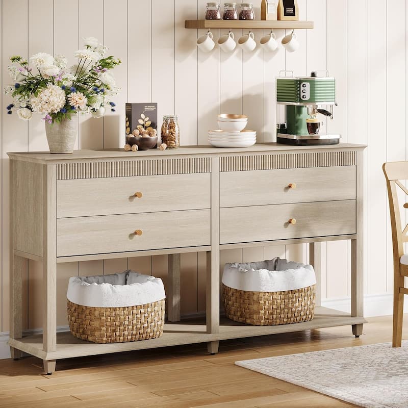 63 Inch Farmhouse Sideboard Buffet Cabinet with Storage and 2 Drawers - 63" W × 14.6" D × 33.5" H - Beige
