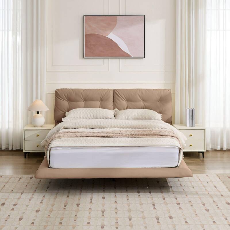 Christopher Knight Home- Lorcan PU Leather Floating Bed Frame with LED Lights and Button-Tufted Headboard
