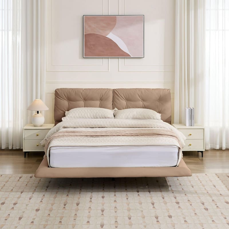 Queen Upholstered Platform Bed Frame with LED Lights, Button Tufted Headboard, No Box Spring Needed