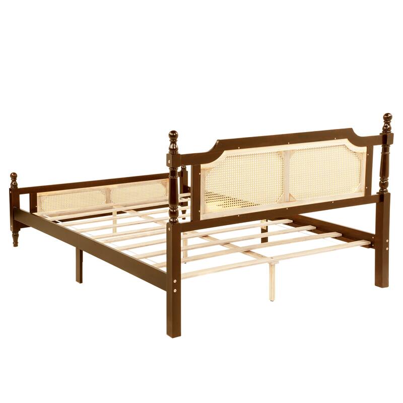Queen Pine Wooden Bed with Rattan Headboard and Footboard, Central Enhanced Bed Platform, Walnut