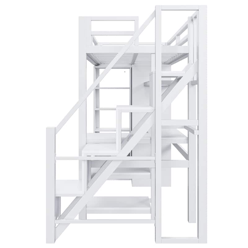 Full-Size Metal Loft Bed with Built-in Wardrobe, L-Shaped Desk, Charging Ports, and Multi-Layer Storage Shelves