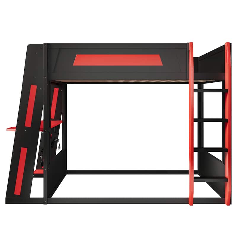 Queen Size Gaming Bunk Bed Gaming Loft Bed with Built-In Gaming Station Cable Management for Gamer Gaming Hotel Gaming Suite