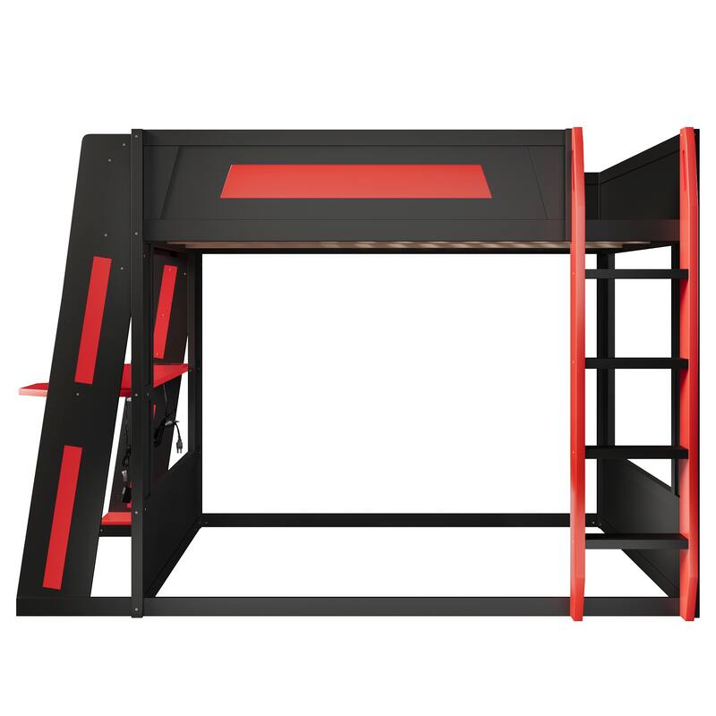 Roomfitters Queen Over Queen Gaming Bunk Bed with Desk, Storage Shelves and LED