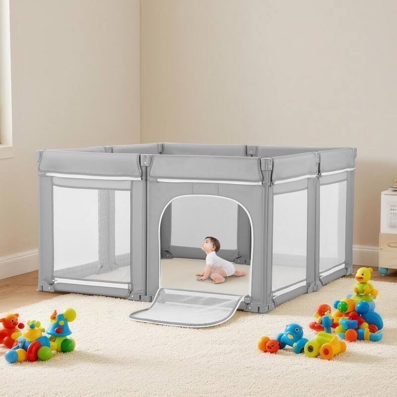 Portable Grey Baby Playpen with Breathable Mesh and Iron Tubes Safe and Stable Toddler Fence - 81.5” x 72.83” x 27.36”